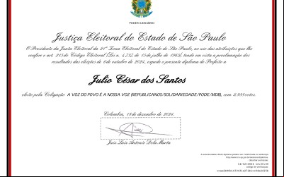 Prefeito, vice reeleitos e vereadores eleitos de Colômbia são diplomados pela Justiça Eleitoral